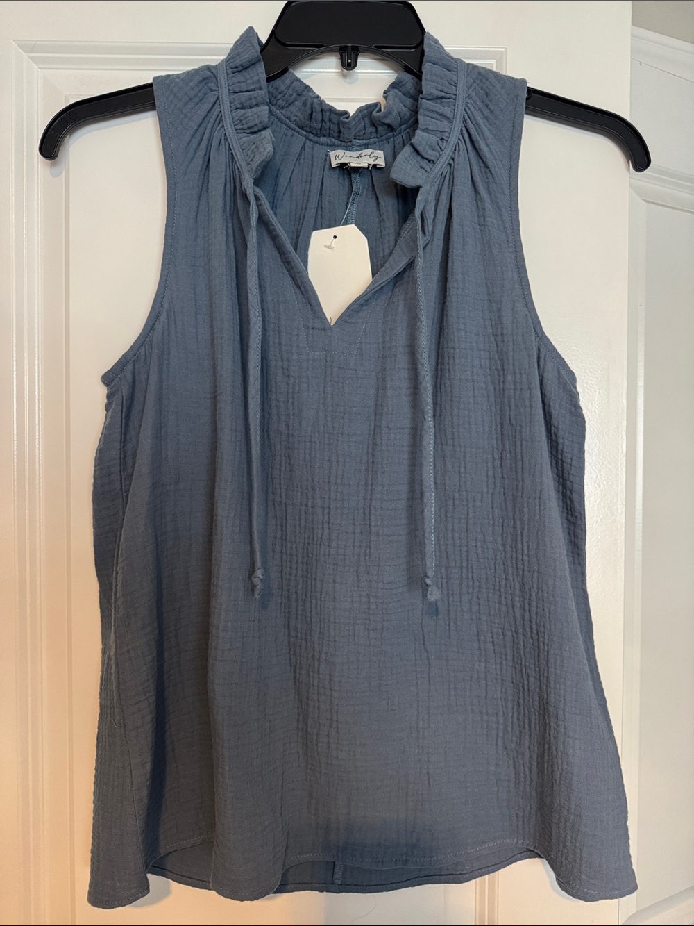 Bison Blue Gauze Eloisa Tie-Neck Sleeveless Top